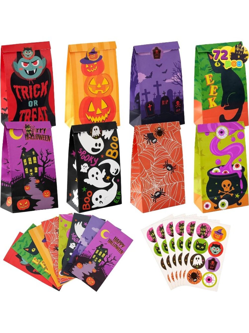 🎃72 PCS Halloween Treat Bags with Stickers Candy and Goodie Bags for Halloween